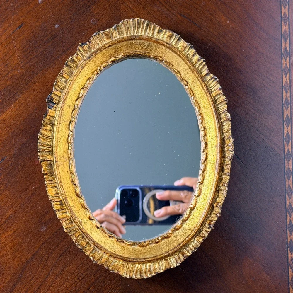 Vintage Italian Gold Gilt Oval Wall Mirror Hand Gilded Hollywood Regency Decor